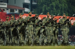 Maldives National Defence Forces march through the national football stadium at 54th Independence Day celebrations, on July 26, 2019. PHOTO: HUSSAIN WAHEED / MIHAARU