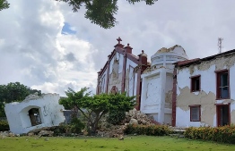 This handout picture taken and received on July 27, 2019 courtesy of Dominic De Sagon Asa shows the damage to the Sta Maria de Mayan Church after a pair of strong earthquakes of magnitude 5.4 and 5.9 struck the region within hours of each other, in Itbayat on Batanes island. - Eight people were killed and dozens injured when the twin earthquakes struck islands in the northern Philippines early on July 27 while many were still asleep, local officials said. (Photo by Dominic DE SAGON ASA / Courtesy of Dominic DE SAGON ASA / AFP) / -----EDITORS NOTE --- RESTRICTED TO EDITORIAL USE - MANDATORY CREDIT "AFP PHOTO / Courtesy of Dominic DE SAGON ASA" - NO MARKETING - NO ADVERTISING CAMPAIGNS - DISTRIBUTED AS A SERVICE TO CLIENTS - NO ARCHIVES