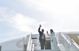(FILE) President Ibrahim Mohamed Solih and First Lady Fazna Ahmed departing to Seychelles on a state trip on August 1, 2019 -- Photo: President's Office