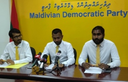 Maldivian Democratic Party (MDP)'s Director of Congress Aik Ahmed Easa (L), MDP Youth Wing President Meekail Ahmed Naseem (C) and Youth Wing Vice President Mohamed Ansar. PHOTO: MDP YOUTH WING