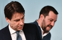 In this file photograph taken on January 14, 2019, Italy’s Prime Minister Giuseppe Conte (L) and Italy’s Interior Minister and deputy PM Matteo Salvini attend a press conference at Palazzo Chigi in Rome. Matteo Salvini's summer 'Beach Tour', billed as a chance to woo voters with a view to possibly forcing early elections, got off to a bad start on August 7, 2019, as Italy's populist government wobbled. PHOTO: VINCENZO PINTO / AFP