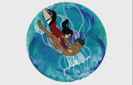The story of 'Dhon Hiyala and Ali Fulhu'. A spy for the king discovers a woman whose beauty knows no equal and is subsequently kidnapped from her husband. After a rescue attempt goes awry, 'Dhon Hiyala', out of fear of being taken away again, jumps into the ocean, landing on a giant jellyfish, severing her slender waist in half. 'Ali Fulhu' then crashes into the giant, destroying his ship. The couple were considered reunited in death.  ILLUSTRATION: SHIMANIE SHAREEF / MANIE