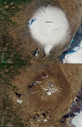 This combination created on August 09, 2019 shows a NASA handout image taken on September 7, 1986 showing the Okjökull glacier atop the Ok Volcano in Iceland (top). And a NASA handout image taken on August 1, 2019 showing the top of the Ok Volcano where the Okjokull glacier has melted away throughout the 20th century and was declared dead in 2014. Iceland is planning to mark the passing of Okjokull, its first glacier lost to climate change which threatens some 400 others on the subarctic island. PHOTO: NASA / AFP