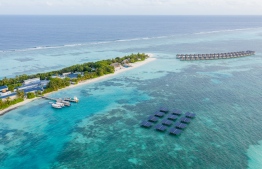 Aerial view of the floating SolarSea system installed at LUX* South Ari Atoll. PHOTO/LUX*