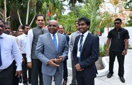 Abdullah Shahid, Minister of foreign affairs, meets Professor Hassan Ugail at the inauguration ceremony of Ukulhas convention centre.  PHOTO: