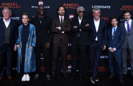 (From L) US actors Nick Nolte,Piper Perabo, Lance Reddick, Scottish actor Gerard Butler, US actors Morgan Freeman, Danny Huston, Blake Nelson and English actor Frederick Schmidt arrive for the Los Angeles premiere of "Angel Has Fallen" at the Regency Village theatre on August 20, 2019 in Westwood, California. (Photo by VALERIE MACON / AFP)