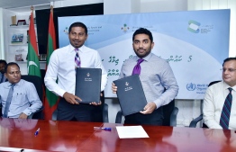 Minister of Youth, Sports and Community Empowerment Ahmed Mahloof and Minister of Health Abdulla Ameen after signing the MoU. PHOTO: MINISTRY OF YOUTH, SPORTS AND COMMUNITY EMPOWERMENT