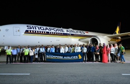 An inauguration ceremony took place late on Sunday to receive the first Singapore Airlines Dreamliner Boeing 787 flight to Maldives with a warm welcome. PHOTO: HUSSAIN WAHEED/MIHAARU.