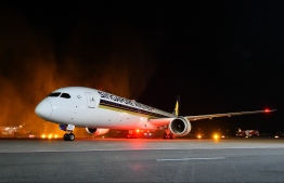 (FILE) An aircraft of Singapore Airlines lands at Velana International Airport in Maldives. Photo: Mihaaru