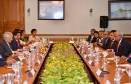 The high-level delegation from Sri Lanka (L) and Maldives during the official talks between President Ibrahim Mohamed Solih and Lanka Prime Minister Ranil Wickremesinghe.  PHOTO: PRESIDENTS OFFICE