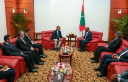 Secretary-General of Oman's Ministry of Foreign Affairs Sayyid Badr bin Hamad bin Hamood Albusaidi meeting the Minister of Foreign Affairs of Maldives Abdulla Shahid. PHOTO: FOREIGN MINISTRY