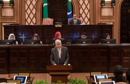 Sri Lanka Prime Minister Ranil Wickremesinghe addresses the Maldivian parliament. PHOTO/MAJILIS