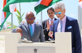 Minister of Foreign Affairs Abdulla Shahid and Indian Minister of External Affairs Dr Subrahmanyam Jaishankar participating in the stone laying ceremony of the Indian Embassy's Chancery Building. PHOTO: MINISTRY OF FOREIGN AFFAIRS