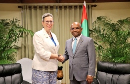 Ambassador of the United States of America to the Maldives, Alaina Teplitz pays a courtesy call on the Minister of Foreign Affairs Abdulla Shahid, on the sidelines of the Fourth Indian Ocean Conference. America granted USD 2 million in economic funding to Maldives. PHOTO: FOREIGN MINISTRY