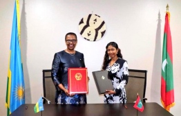 Permanent Representative of Maldives to the UN  Thilmeeza Hussain and Permanent Representative of Rwanda to the UN Valentine Rugwabiza after signing the Joint Communique. PHOTO: MINISTRY OF FOREIGN AFFAIRS