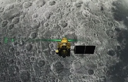 This screen grab taken from a live webcast by Indian Space Research Organisation (ISRO) on August 6, 2019 shows Vikram Lander before it is supposed to land on the Moon. - Chandrayaan-2 space exploration mission consisting of a lunar orbiter, a lander named ‘Vikram’, and a lunar rover named ‘Pragyan’, all of which were developed in India, was launched from Satish Dhawan Space Centre in Sriharikota on 22 July 2019 by the Geosynchronous Satellite Launch Vehicle (GSLV) Mark III. (Photo by Handout / Indian Space Research Organisation (ISRO) / AFP) /