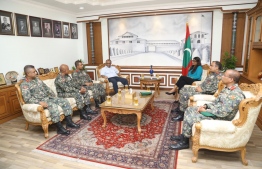 Minister of Defence Ahmed Mariya Didi and President of the Commission on Investigation of Murders and Enforced Disappearances, Husnu al-Suood alongside senior officials of the Maldivian National Defence Force. PHOTO: MALDIVES NATIONAL DEFENCE FORCE