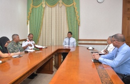 Vice President Faisal Naseem discusses safety during sea transportation with officials of Transport Ministry, MNDF and Coast Guard. PHOTO/PRESIDENT'S OFFICE