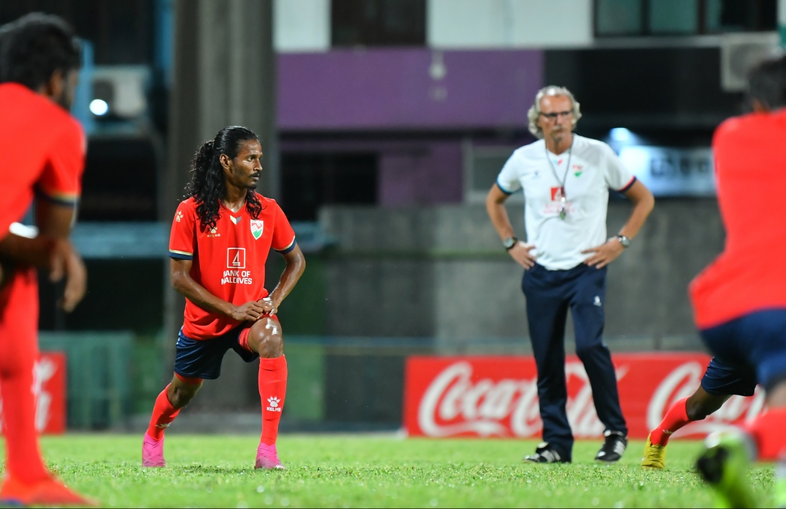 މާލެ: ސެޕްޓެމްބަރު 9، 2019: ވޯލްޑް ކަޕް ކޮލިފައިންގައި ދިވެހިރާއްޖެއާޢި ޗައިނާ ވާދަކުރާ މެޗުގެ ޕްރެކްޓިސް ފެށުން.-- ފޮޓޯ: ހުސައިން ވަހީދު /މިހާރު