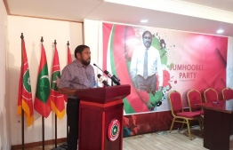 Qasim Ibrahim speaks at the ceremony held September 15, 2019, to sign on new members to Jumhooree Party. PHOTO/JP