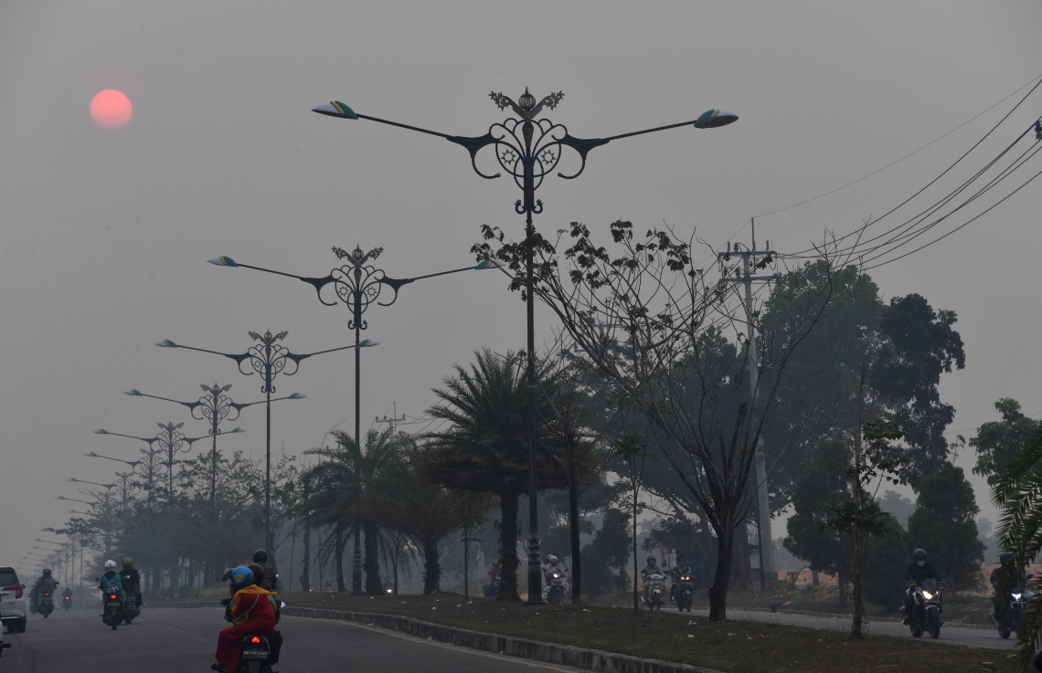 އިންޑޮނީޝިއާގެ ޖަންގަލިތަކުގައި ރޯވެފައިވާ އަލިފާނުގެ ސަބަބުން އެ ގައުމުގެ ސުމަތުރާ އައިލެންޑުގެ ރިއާ ޕްރޮވިންސްގެ ޖައްވުމުގައި ދުންބޯވެފައި. --ފޮޓޯ:އޭއެފްޕީ