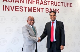 Minister of Foreign Affairs Abdulla Shahid (L) and Asian Infrastructure Investment Bank (AIIB)'s Vice President D. Jagatheesa Pandian. PHOTO: MINISTRY OF FOREIGN AFFAIRS