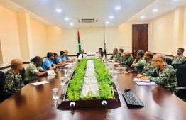 Home Minister Imran Abdulla and Defense Minister Mariya Ahmed Didi meeting high ranking members of the Police and Maldives National Defence Force (MNDF). PHOTO: HOME MINISTRY