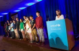 On 23 September 2019, at UNICEF House in New York, (right) Alexandria Villaseñor, 14, from New York, United States of America, stands with 15 other petitioners including Swedish 16-year old climate activist Greta Thunberg in a press conference during which they announced a collective action being taken on behalf of young people everywhere facing the impacts of the climate crisis. PHOTO: UNICEF