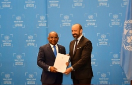 Abdullah Shahid, Minister of Foreign affairs hands over instrument of ratification of nited Nations Treaty on the Prohibition of Nuclear Weapons. PHOTO/FOREIGN MINISTRY