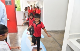 Students participating in Hearty Breaks, the school corridor activity launched by Tiny Hearts of Maldives. PHOTO: PRESIDENT'S OFFICE