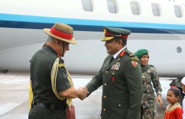 Chief of Defence Force Major General Abdulla Shamaal receives Indian Chief of the Army Staff (COAS) General Bipin Rawat at VIA. PHOTO/MNDF