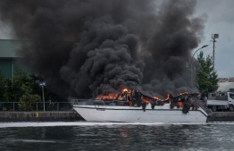 The speedboat which burned in the fire incident that took place at T Jetty in capital Male'. PHOTO: NISHAN ALI/ MIHAARU