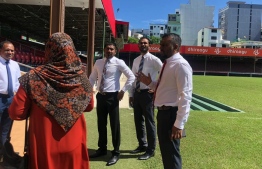 Economic Minister Ahmed Fayyaz Ismail and Minister of Youth, Sports and Community Empowerment Ahmed Mahloof at the Galolhu Stadium on Tuesday. PHOTO: MIHAARU