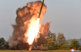 This picture taken on September 10, 2019 and released from North Korea's official Korean Central News Agency (KCNA) on September 11, 2019 shows a test firing of a "super-large multiple rocket launcher" at an undisclosed location in North Korea. - North Korean leader Kim Jong Un has supervised a fresh test of a "super-large multiple rocket launcher" system, state media said on September 11 -- the latest in a series of provocations by Pyongyang. (Photo by KCNA VIA KNS / KCNA VIA KNS / AFP) / - South Korea OUT / REPUBLIC OF KOREA OUT   ---EDITORS NOTE--- RESTRICTED TO EDITORIAL USE - MANDATORY CREDIT "AFP PHOTO/KCNA VIA KNS" - NO MARKETING NO ADVERTISING CAMPAIGNS - DISTRIBUTED AS A SERVICE TO CLIENTS
THIS PICTURE WAS MADE AVAILABLE BY A THIRD PARTY. AFP CAN NOT INDEPENDENTLY VERIFY THE AUTHENTICITY, LOCATION, DATE AND CONTENT OF THIS IMAGE. / 