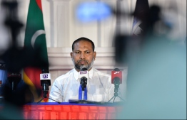 Minister of Home Affairs Imran Abdulla speaking at a press briefing. He announced that the Commission on Investigations of Murders and Enforced Disappearances stated that no arrests can be made over the findings of the report on former MP and scholar Dr Afrasheem Ali's murder. PHOTO: HUSSAIN WAHEED/ MIHAARU