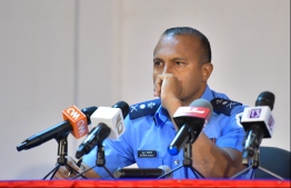 Commissioner of Police (CP) Mohamed Hameed at the press briefing held on Wednesday evening. PHOTO: HUSSAIN WAHEED/ MIHAARU
