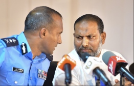 Commissioner of Police Mohamed Hameed and Minister of Home Affairs Imran Abdulla. PHOTO: HUSSAIN WAHEED / MIHAARU