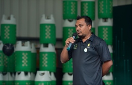Maldive Gas' Managing Director Shazail Shiyam speaks at the company's 20th anniversary. PHOTO: HUSSAIN WAHEED / MIHAARU