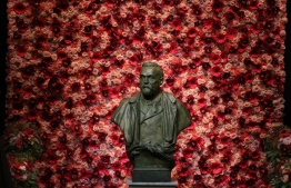 (FILES) In this file photo taken on December 10, 2016 A bust of Alfred Nobel is pictured prior to the awardings of the Nobel Prizes in medicine, economics, physics and chemistry in Stockholm, Sweden. - Nobel laureates are honoured every year on December 10 -- the anniversary of the death of prize's founder Alfred Nobel, a Swedish industrialist, inventor and philanthropist. (Photo by Soren Andersson / AFP)