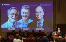 Nobel Assembly member, Randall Johnson (R), speaks to announce the winners of the 2019 Nobel Prize in Physiology or Medicine (L-R) Gregg Semenza of the US, Peter Ratcliffe of Britain and William Kaelin of the US, seen on a screen during a press conference at the Karolinska Institute in Stockholm, Sweden, on October 7, 2019. - William Kaelin and Gregg Semenza of the US and Peter Ratcliffe of Britain win the 2019 Nobel Medicine Prize. (Photo by Jonathan NACKSTRAND / AFP)