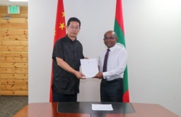 Minister of Foreign Affairs Abdulla Shahid and Chinese Ambassador to Maldives Zhang Lizhong. PHOTO: MINISTRY OF FOREIGN AFFAIRS
