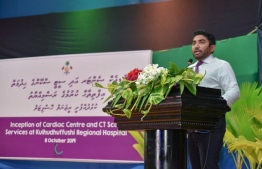 Minister of Health Abdulla Ameen delivering a speech at the ceremony held to inaugurate CT scan services and the Cardiac Centre at Kulhudhuffushi Regional Hospital. PHOTO: HEALTH MINISTRY