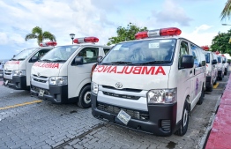 (FILE) Ambulances brought to be used in the islands, photo taken on October 13, 2021: the government aims to send 60 ambulances to islands before the year is over -- Photo: Nishan Ali/ Mihaaru