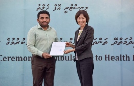 Ambassador of Japan to Maldives  Keiko Yanai donates 21 paramedic ambulances with a value of USD 1.4 million to Health Minister Abdulla Ameen, on behalf of the Japanese government. PHOTO: HEALTH MINISTRY