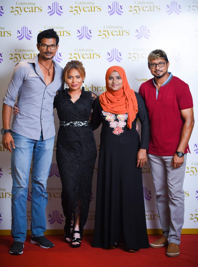 ނިއުމާގެ ފިލްމީ ކެރިއަރަށް 25 އަހަރު ފުރުން ފާހަގަކުރަން ބޭއްވި އިވެންޓުގައި ޔޫއްޕެ، ޝިރާނީ، ނިއުމާ އަދި ސީޒަން.-- ފޮޓޯ: އެފްޑީއައި