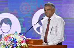 Minister of Higher Education Dr Ibrahim Hassan, speaks at the ceremony held to launch the 'Corporate Social Scheme'  in October, 2019. PHOTO: NISHAN ALI / MIHAARU