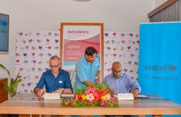 Mövenpick Resort Kuredhivaru Maldives signs an agreement with the UNICEF. PHOTO: MOVENPICK RESORT KUREDHIVARU MALDIVES