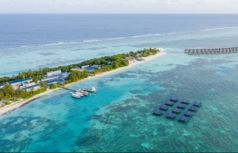 Aerial view of the floating solar panel system at LUX* South Ari Atoll. PHOTO: SWIMSOL MALDIVES