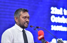 Minister of Economic Development Fayyaz Ismail speaks at the inauguration of Maldives Marine Expo on October 23, 2019. PHOTO: HUSSAIN WAHEED / MIHAARU