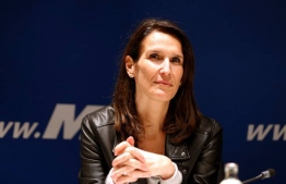 Minister of Budget Sophie Wilmes pictured during a press conference at the headquarters of French-speaking liberals MR, in Brussels on March 23, 2019. - Belgian Budget Minister Sophie Wilmes has been chosen as the country's new caretaker prime minister -- a first for a woman, the current premier Charles Michel said on October 26, 2019. The 44-year-old still has to be sworn in by King Philippe, who is expected to announce the nomination formally on October 27, at the earliest. (Photo by NICOLAS MAETERLINCK / various sources / AFP) / 